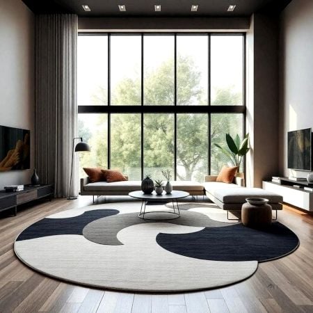 Handcrafted Round Monochrome Abstract Living Room Rug